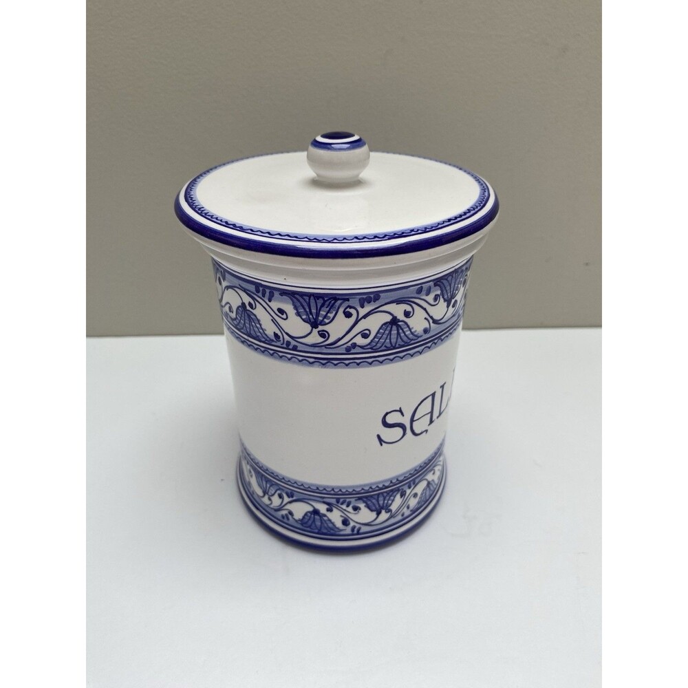 Italian Pottery Ceramic Salt Keeper Lidded Cannister Jar BLUE & WHITE Italy - Picture 3 of 6